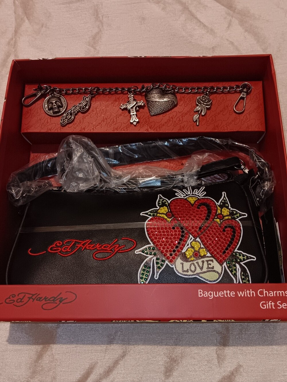 Ed Hardy Black Leatherette Baguette Bag with Red Heart Patch & Charms